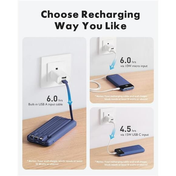 Portable charger 10000mAh slim power bank built in cables for iPhone Android - Picture 4 of 7